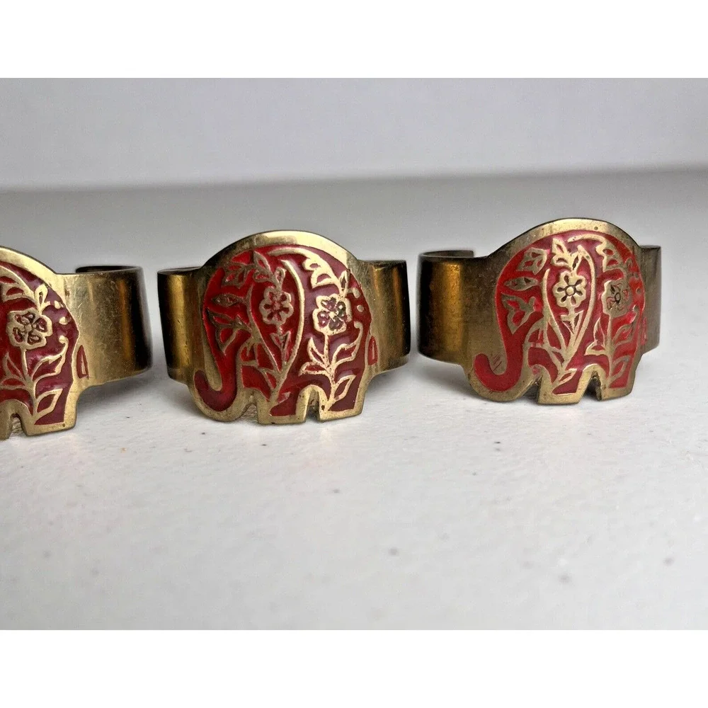 Vintage Brass Elephant Animal Napkin Rings Set Of 4 Marked India Gold Tone & Red